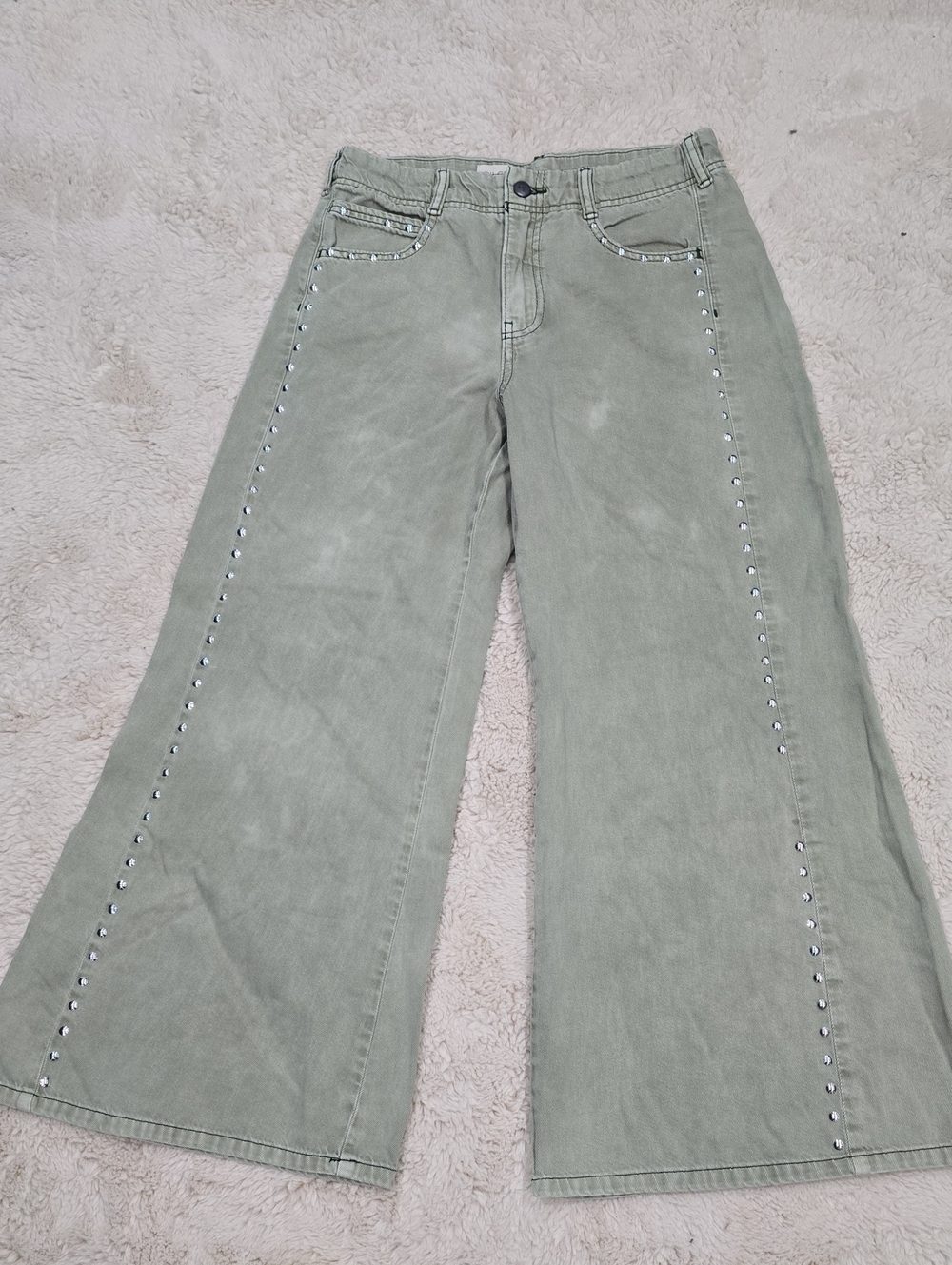 Pilcro Olive Green Wide-Leg Jeans with Stud Detailing